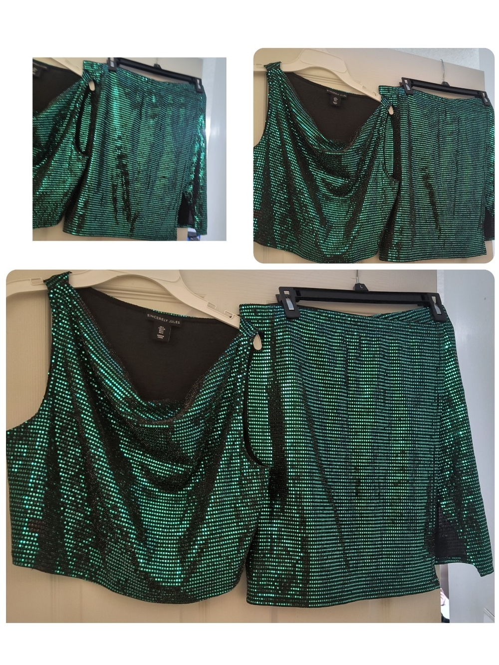 Juniors Size Large Green Sequin Skirt Set - Drape Top & Mini Skirt